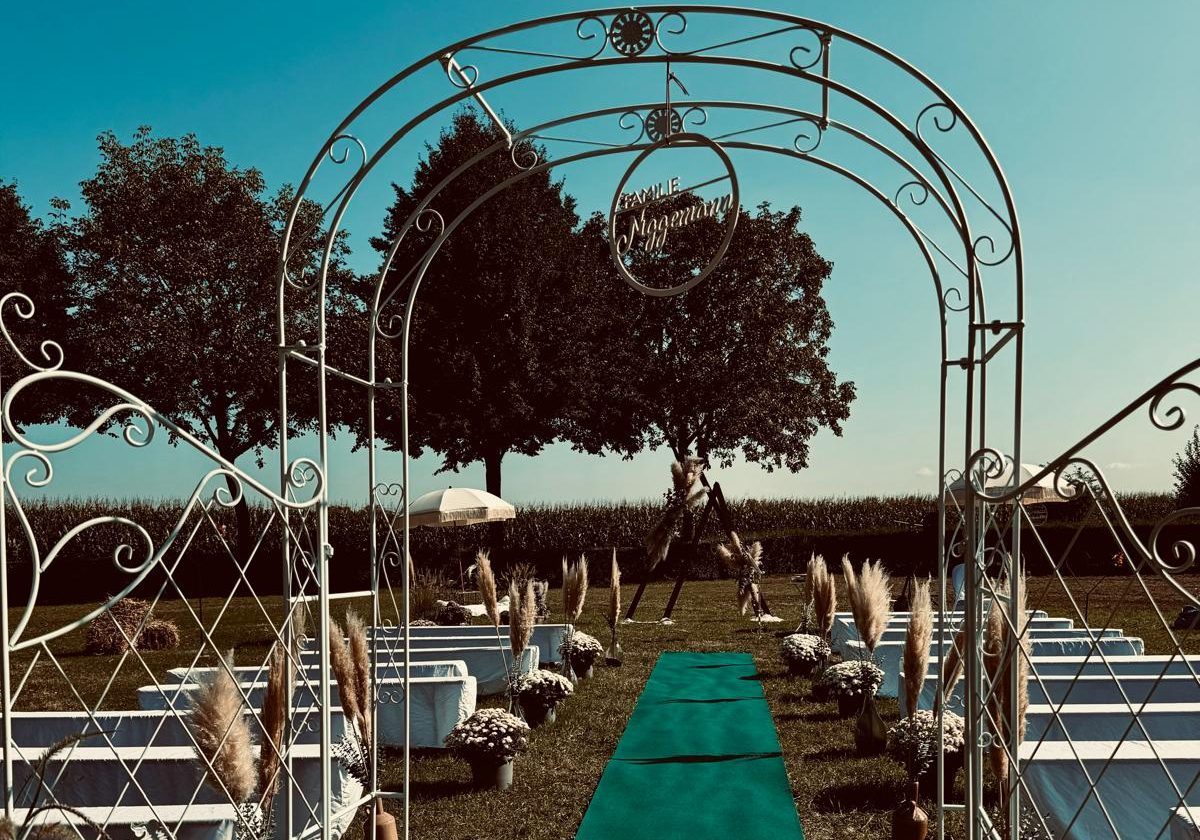 Freie Trauung in Bottrop auf dem Hinterhof eines Hotels unter freiem Himmel mit grün ausgelegtem Teppich